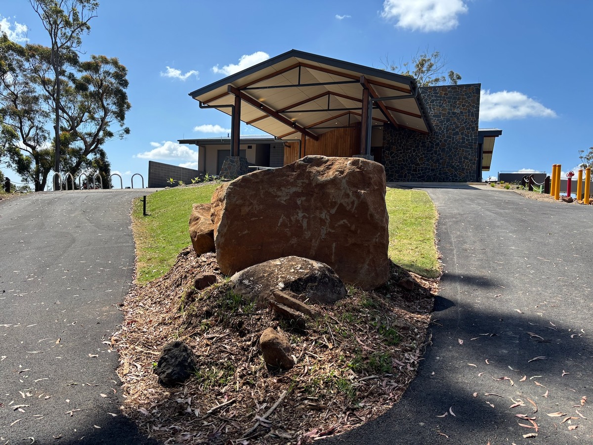 Image shows the new lodge building from the driveway entrance